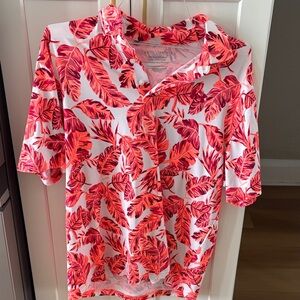 Under Armour Tropical Leaf Print Polo Shirt - White with Coral & Pink Leaves